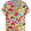 Men DJ Shirts | Colorful Cartoon Mushroom Print Casual Short-Sleeved Shirt Red