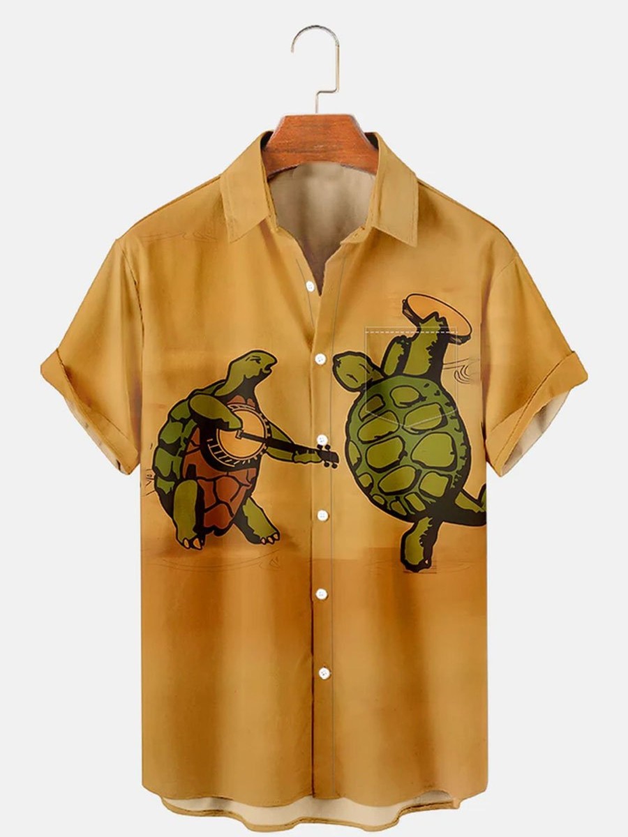 Men DJ Shirts | Cartoon Turtle Band Print Casual Pocket Short Sleeve Shirt Khaki