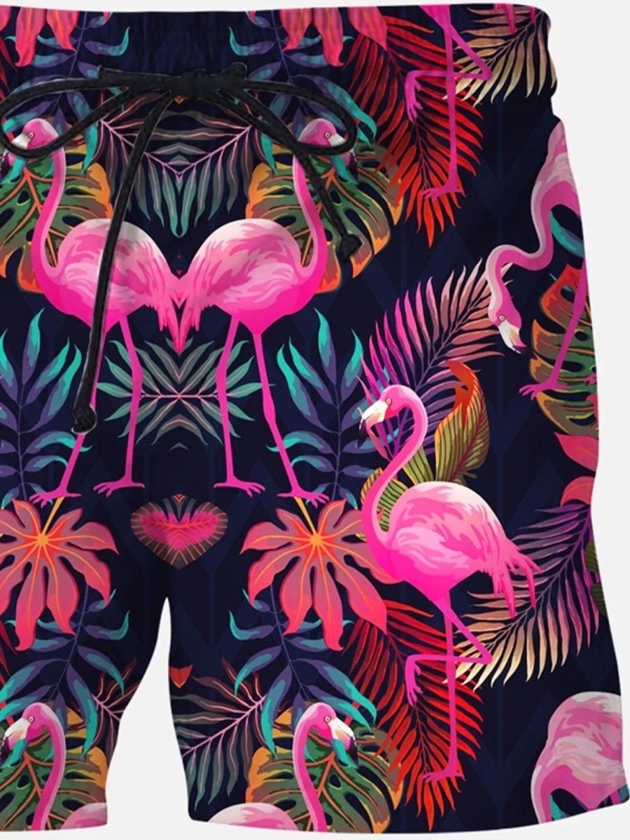 Men DJ Shorts | Men'S Trendy Colorful Hawaiian Flamingo Casual Beach Shorts Photo Color