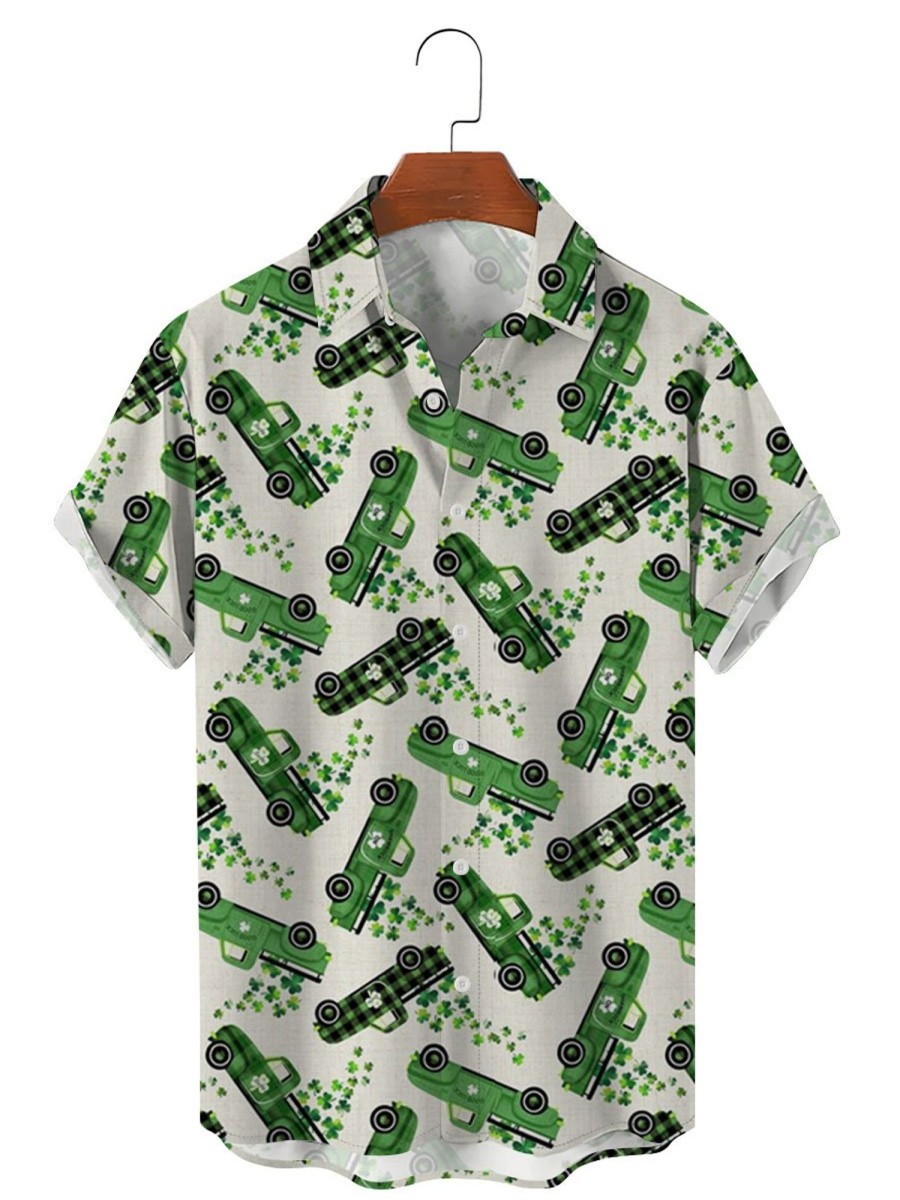 Men TH Shirts | St. Patrick'S Day Trucks And Clovers Printing Short Sleeve Shirt Green