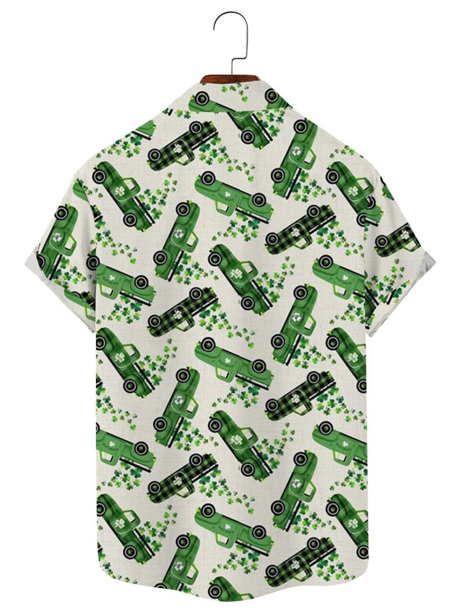 Men TH Shirts | St. Patrick'S Day Trucks And Clovers Printing Short Sleeve Shirt Green