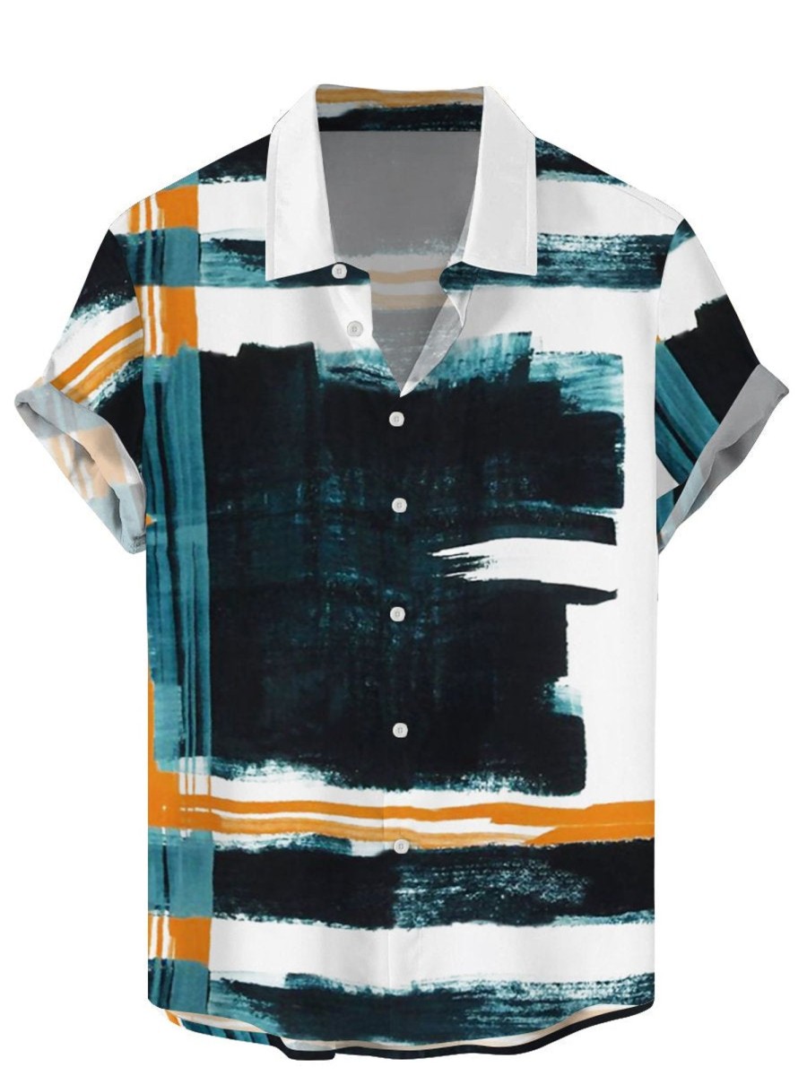 Men QMY Shirts | Casual Art Stripe Print Short Sleeve Shirt Photo Color