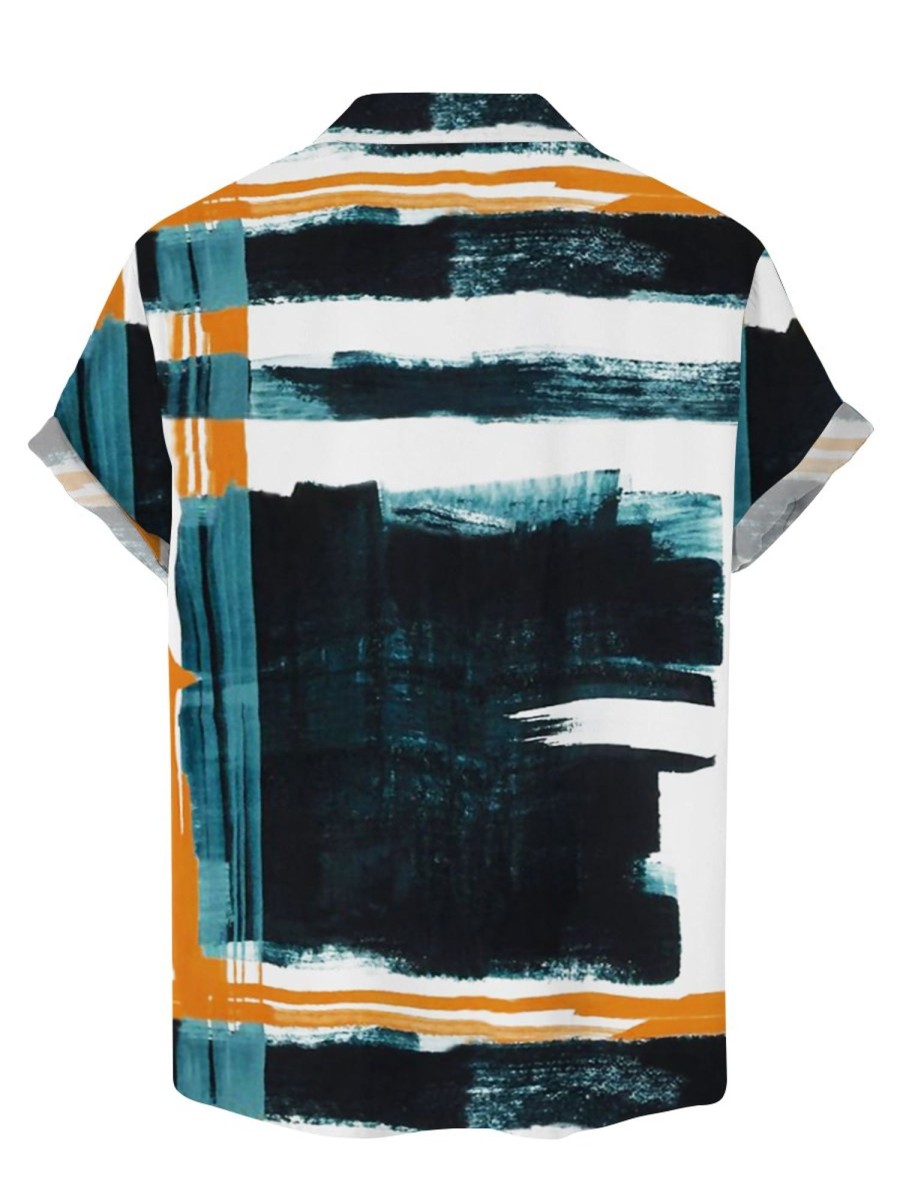 Men QMY Shirts | Casual Art Stripe Print Short Sleeve Shirt Photo Color