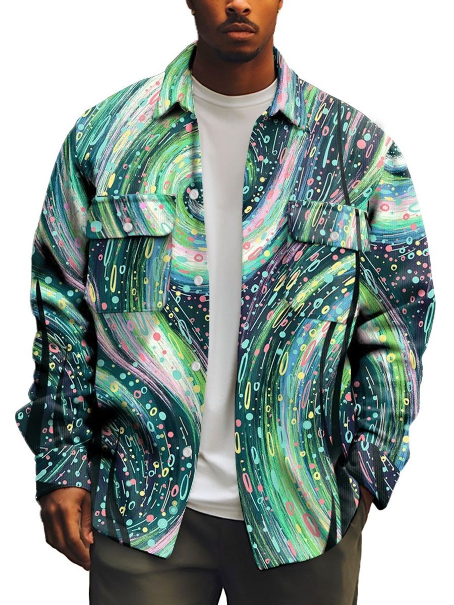 Men BXL Print Jacket | Colorful Starry Sky Print Pocket Single-Breasted Corduroy Jacket 99427125Xl Green