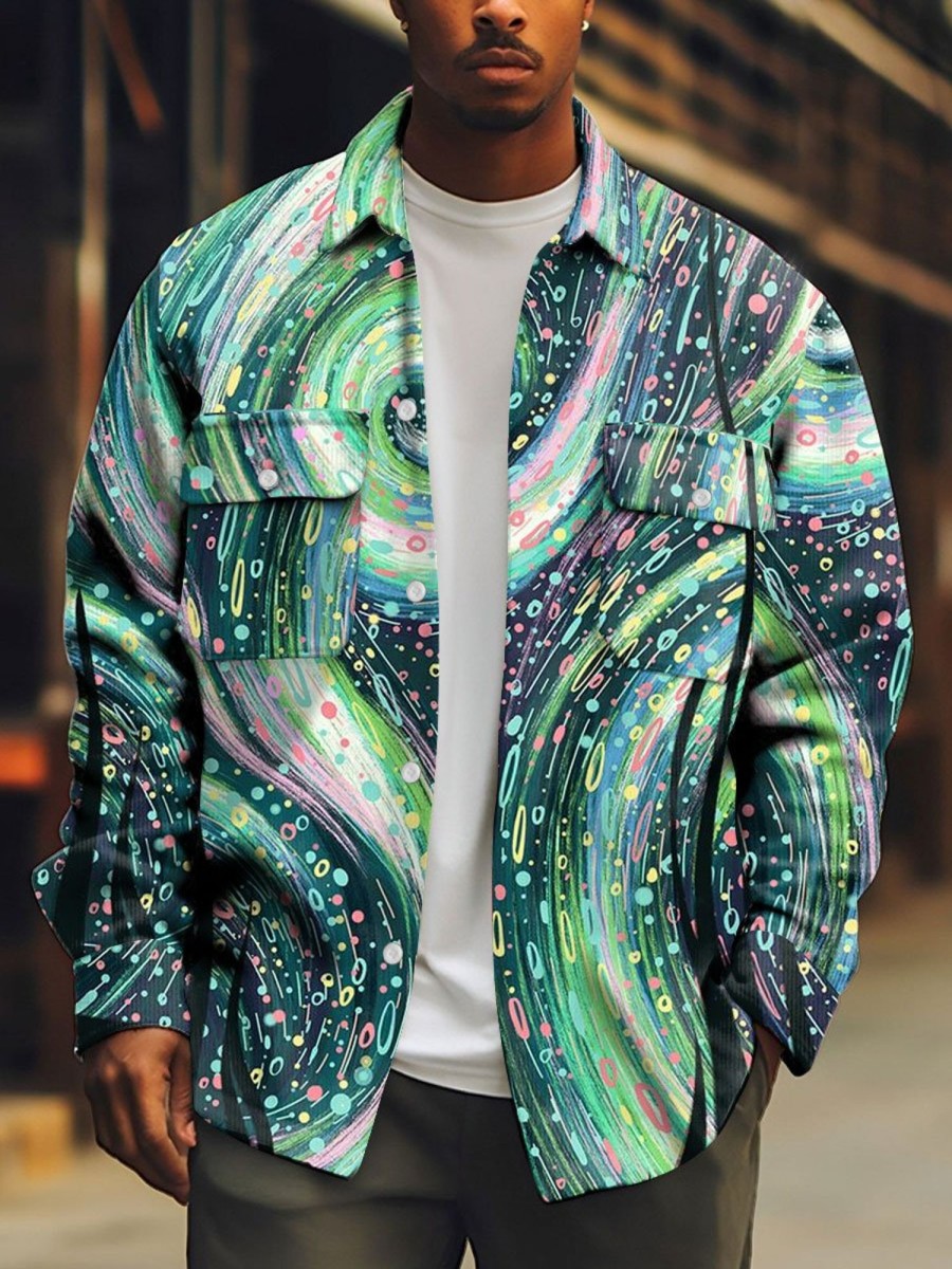 Men BXL Print Jacket | Colorful Starry Sky Print Pocket Single-Breasted Corduroy Jacket 99427125Xl Green