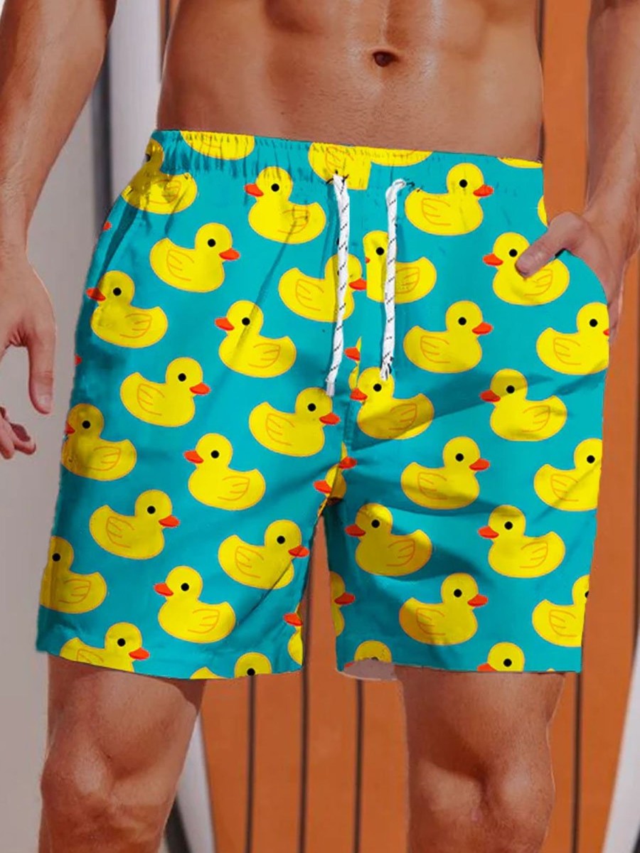 Men DJ Shorts | Hawaiian Yellow Duck Printing Shorts Blue