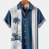 Men HLJ Shirts | Men'S Resort Style Coconut Tree Contrast Short Sleeve Shirt Blue