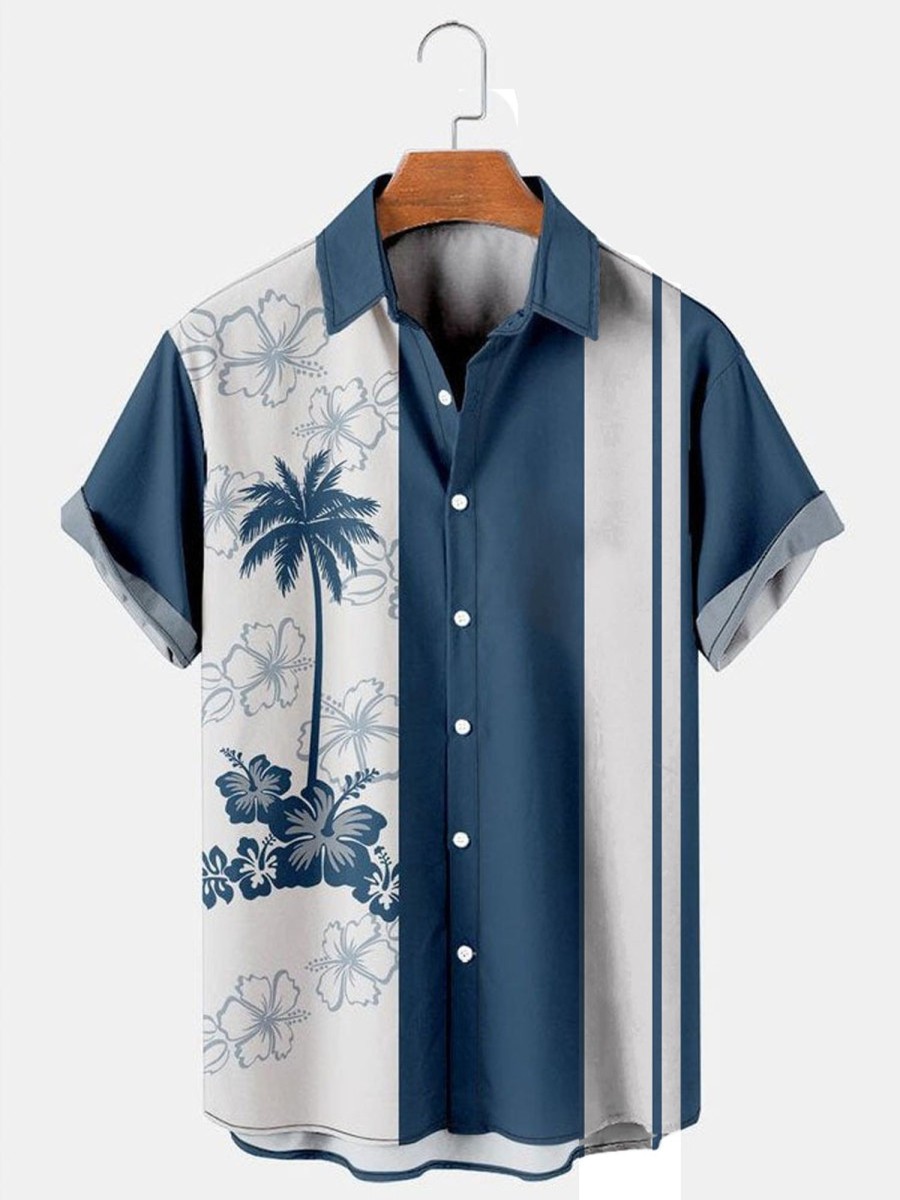 Men HLJ Shirts | Men'S Resort Style Coconut Tree Contrast Short Sleeve Shirt Blue