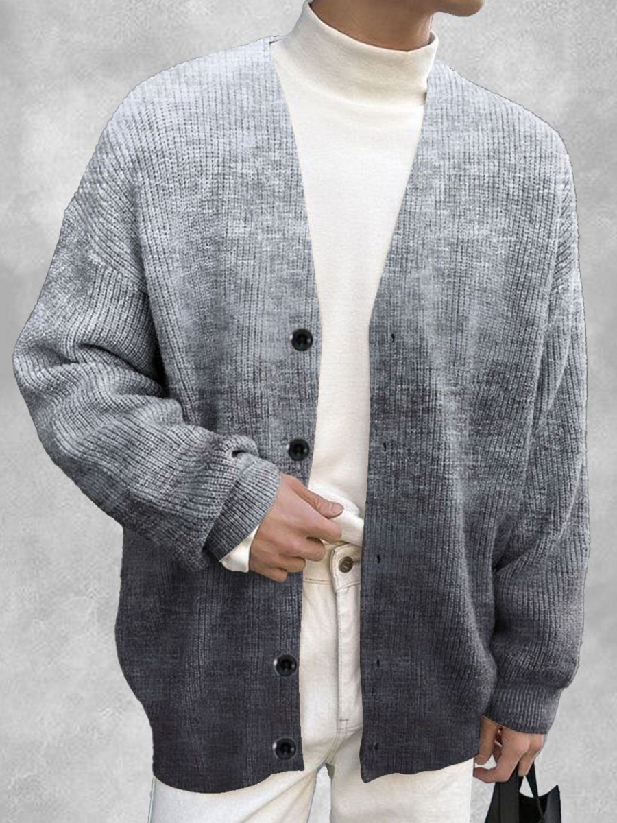 Men DJ Print Cardigan | Gradient Print Casual And Versatile Knitted Cardigan Gray