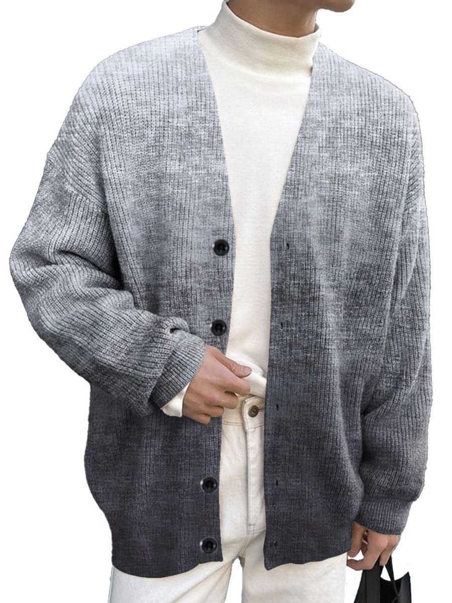 Men DJ Print Cardigan | Gradient Print Casual And Versatile Knitted Cardigan Gray