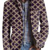 Men BXL Print Jacket | Men'S Retro Geometric Print Pocket Casual Blazer Purple