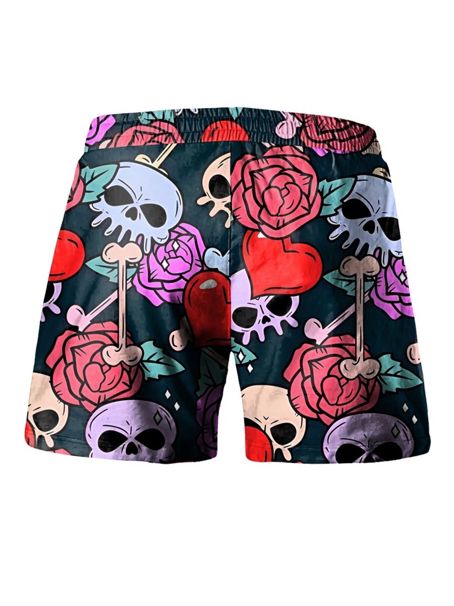 Men LJC Bottoms | Rose Skull Heart Print Casual Shorts Photo Color