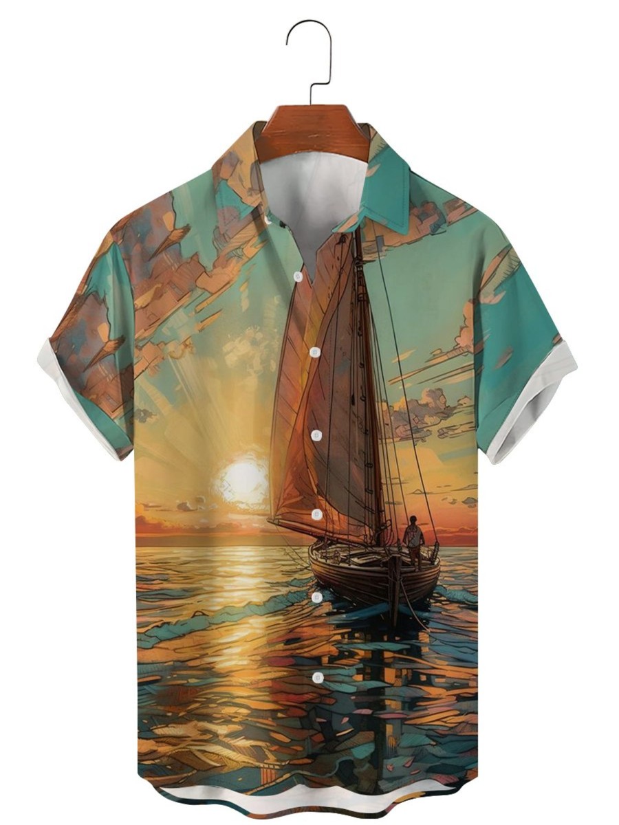 Men GYJ Shirts | Offshore Sailing Sunset Print Casual Short-Sleeved Shirt Photo Color