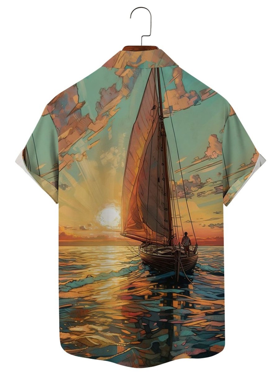 Men GYJ Shirts | Offshore Sailing Sunset Print Casual Short-Sleeved Shirt Photo Color