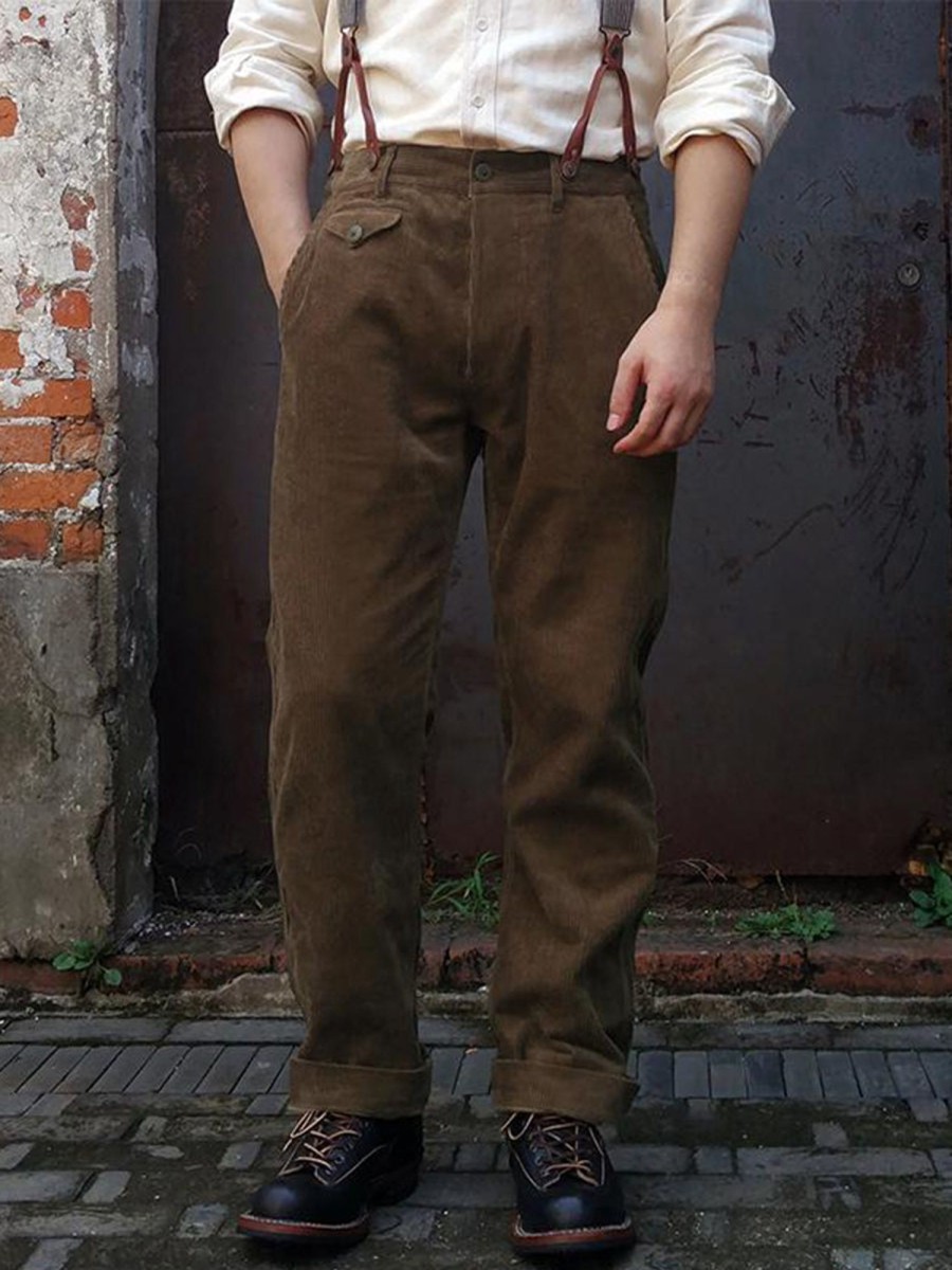 Men QMY Bottoms | 1930S Men'S Vintage Corduroy Casual Pants Brown