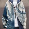 Men BXL Jacket | Men'S Casual Water Ripple Print Hooded Velvet Zipper Jacket 91575719Xl Blue