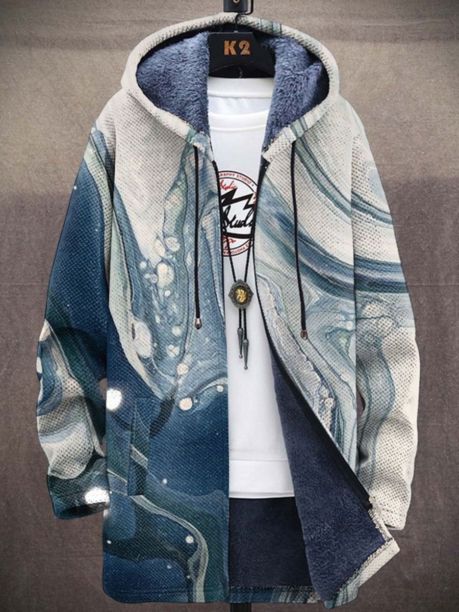 Men BXL Jacket | Men'S Casual Water Ripple Print Hooded Velvet Zipper Jacket 91575719Xl Blue