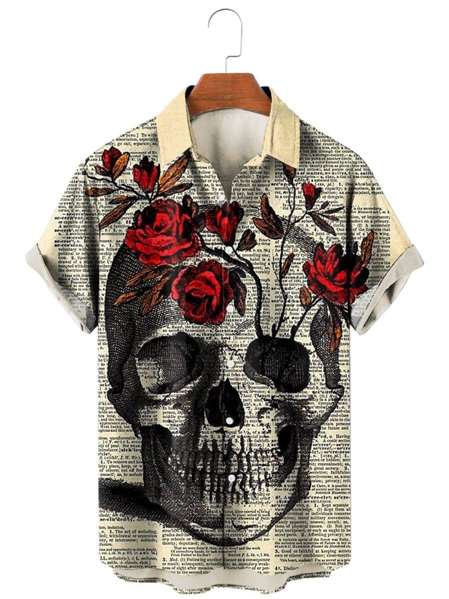 Men HLJ Shirts | Men'S Vintage Skull Story Short Sleeve Shirt Khaki