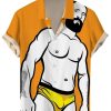 Men DJ Shirts | Funny Bald Bearded Man Printed Short Sleeve Shirt Orange