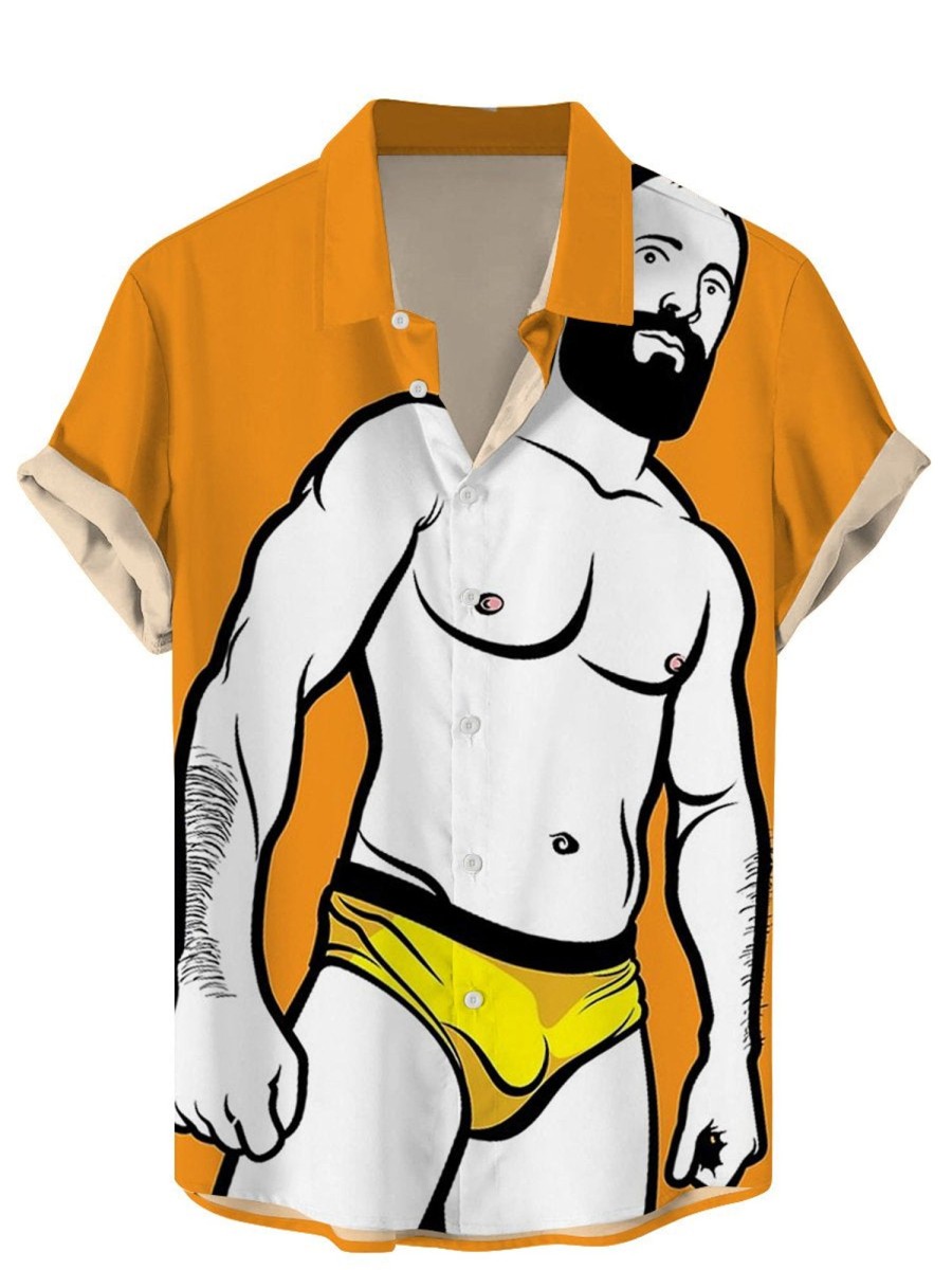 Men DJ Shirts | Funny Bald Bearded Man Printed Short Sleeve Shirt Orange