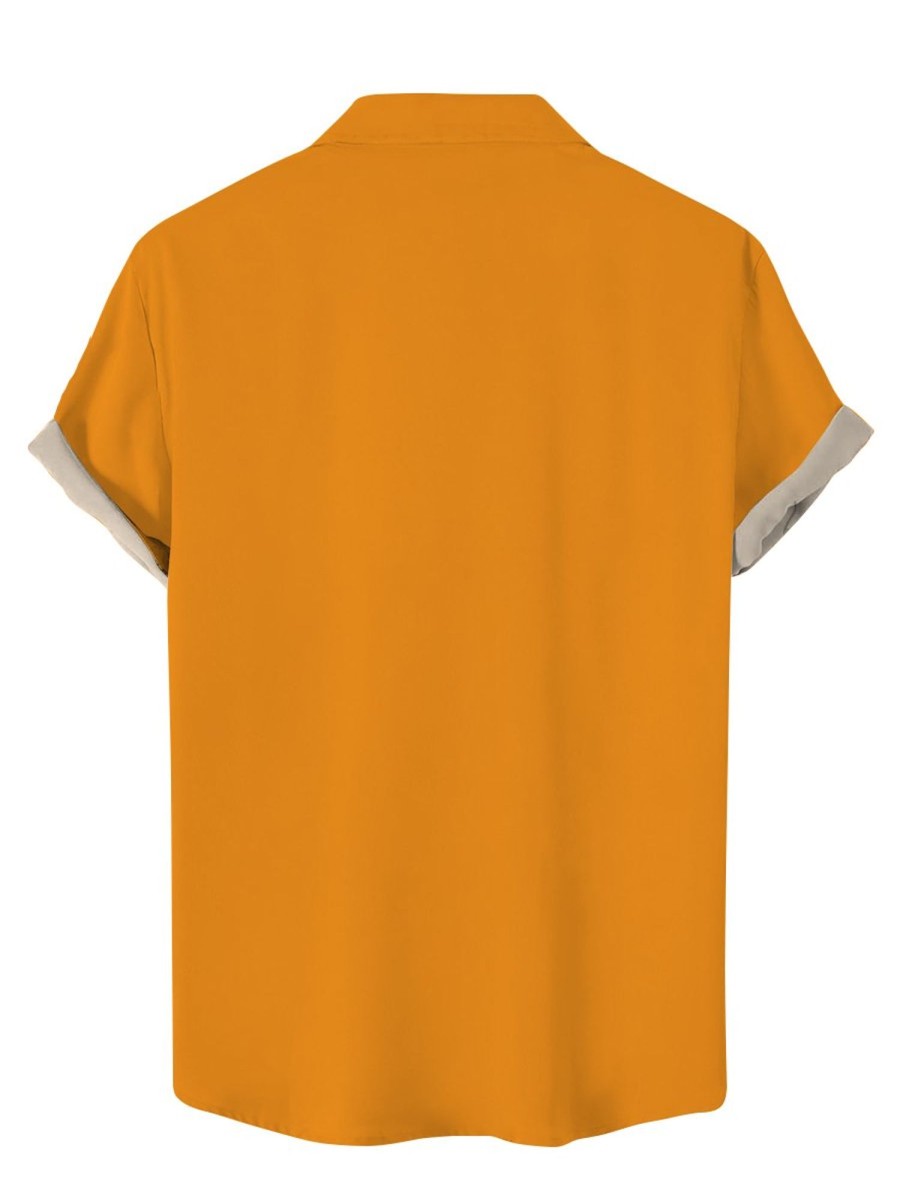 Men DJ Shirts | Funny Bald Bearded Man Printed Short Sleeve Shirt Orange