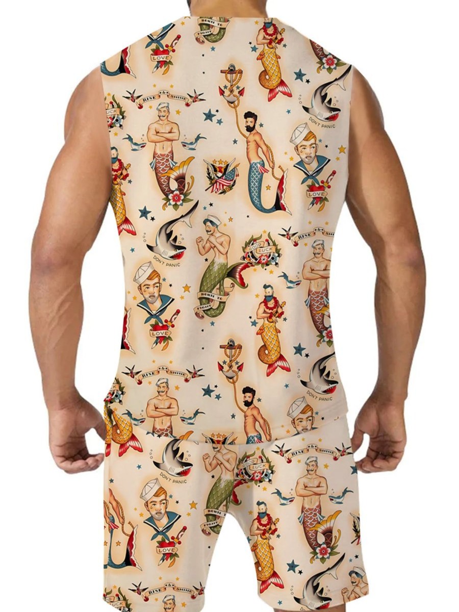 Men DJ Set | Vintage Mermaid Print Tank Top Shorts Two-Piece Set Khaki