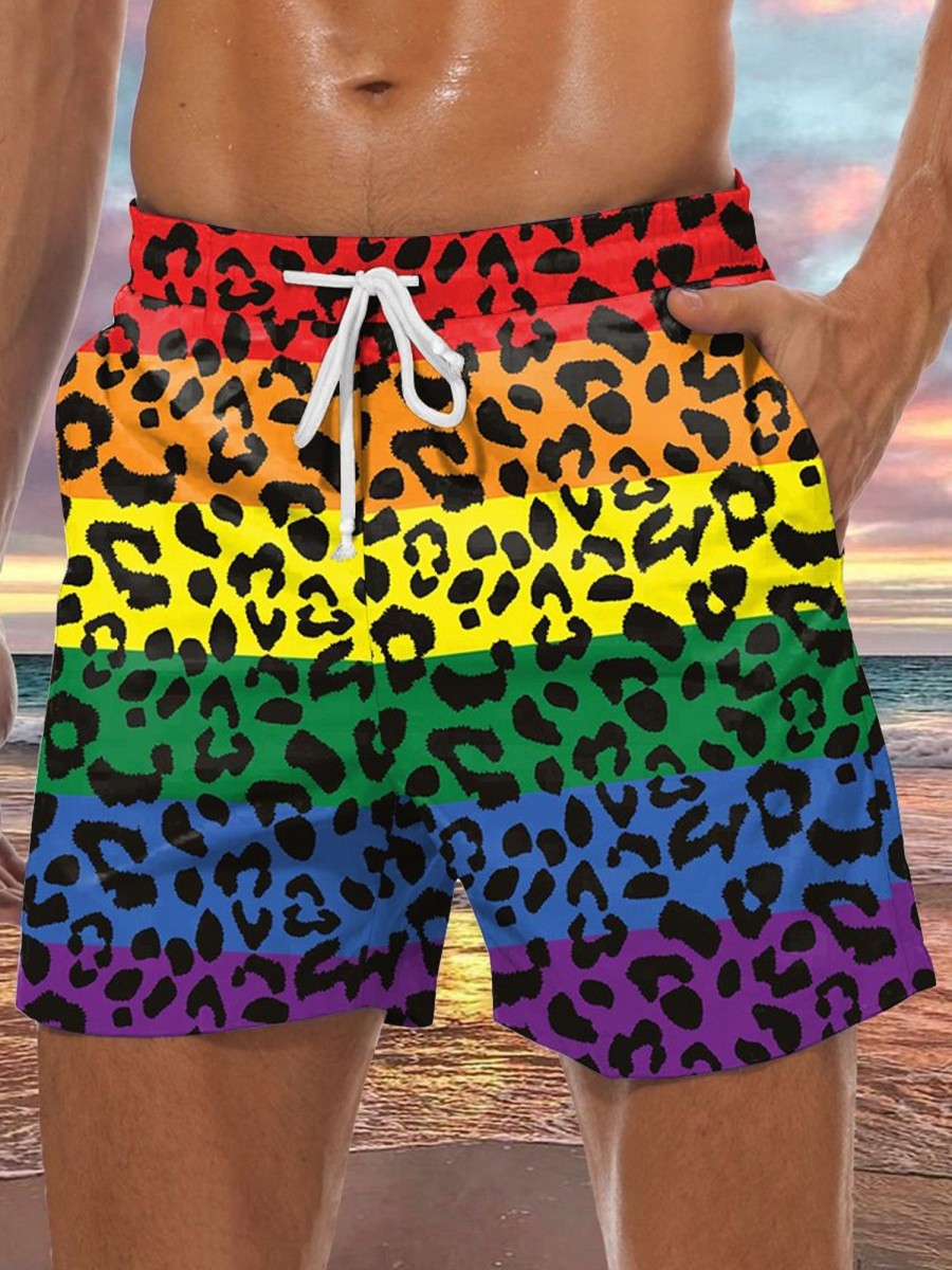 Men DJ Bottoms | Rainbow Leopard Print Pocket Tie Shorts Photo Color