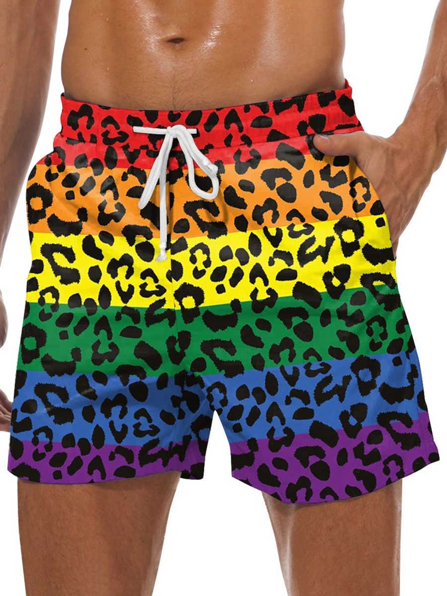 Men DJ Bottoms | Rainbow Leopard Print Pocket Tie Shorts Photo Color