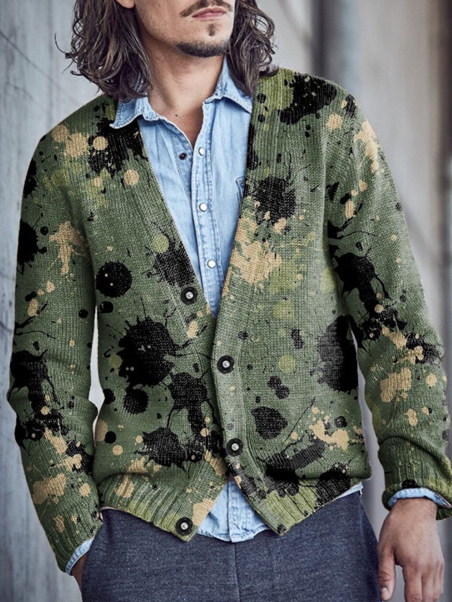 Men DJ Print Cardigan | Retro Camouflage Graffiti Print V-Neck Knitted Cardigan Army Green