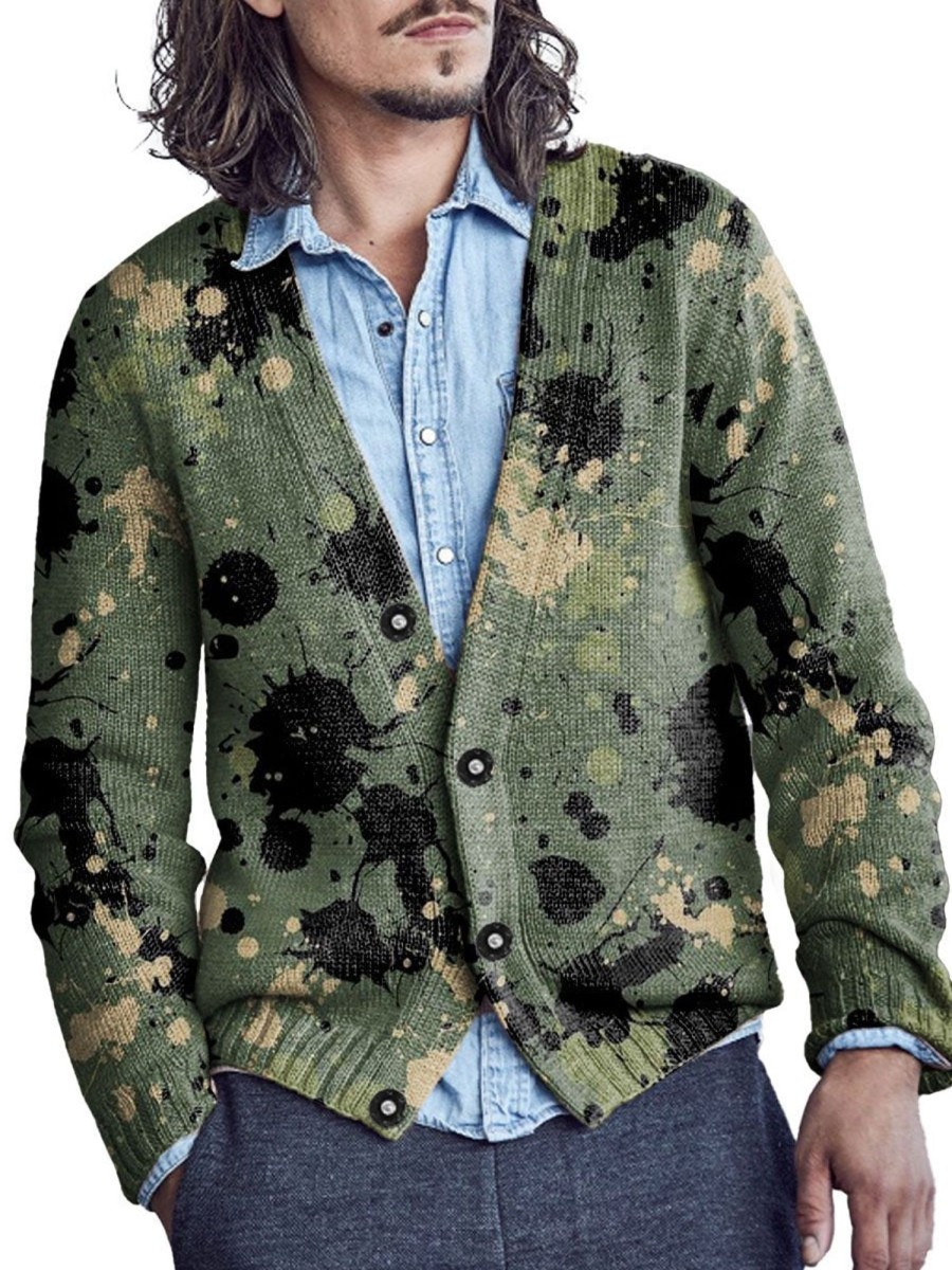 Men DJ Print Cardigan | Retro Camouflage Graffiti Print V-Neck Knitted Cardigan Army Green