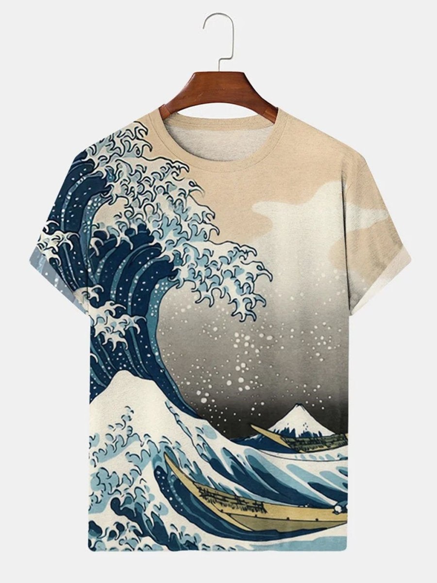 Men HLJ T-Shirts | Vintage Ukiyo-E Men'S Wave Art T-Shirt Khaki