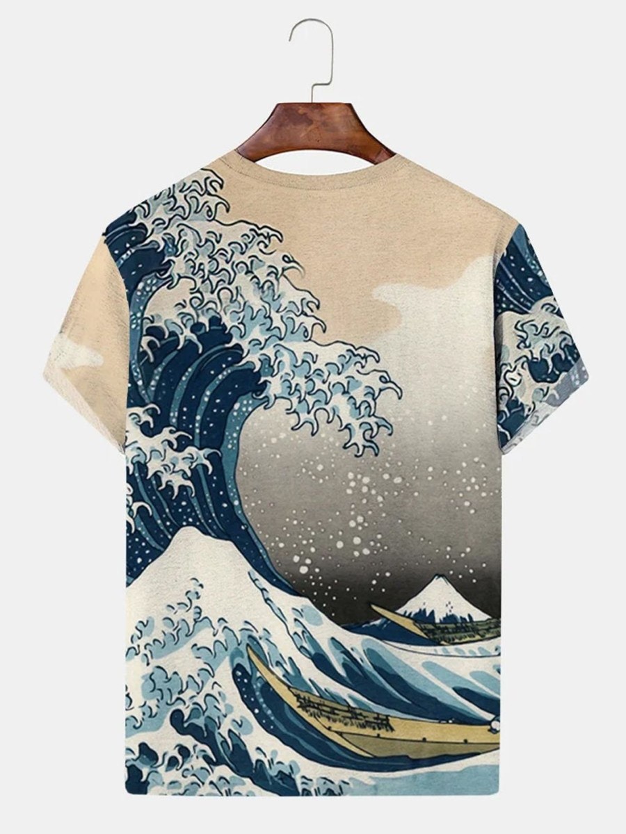 Men HLJ T-Shirts | Vintage Ukiyo-E Men'S Wave Art T-Shirt Khaki