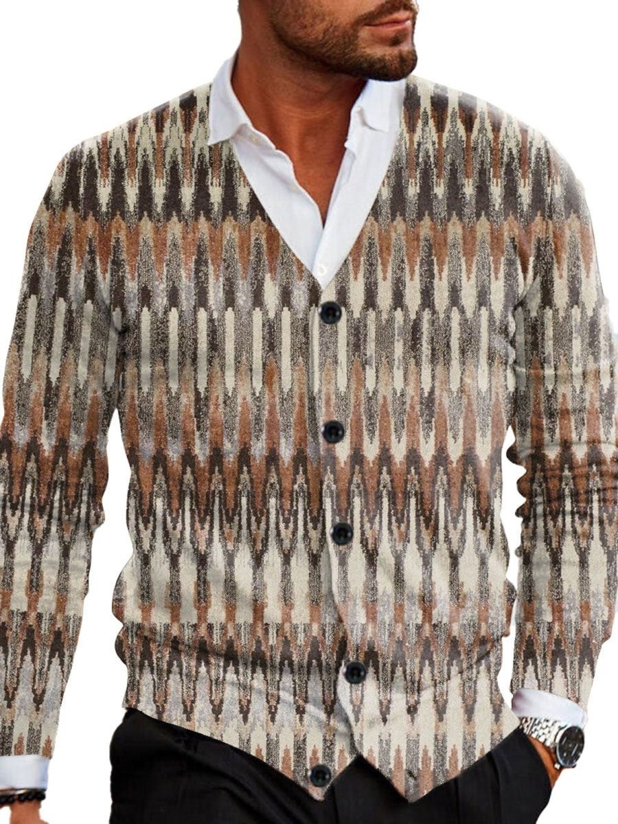 Men DJ Print Cardigan | Retro Printed V-Neck Knitted Cardigan Khaki