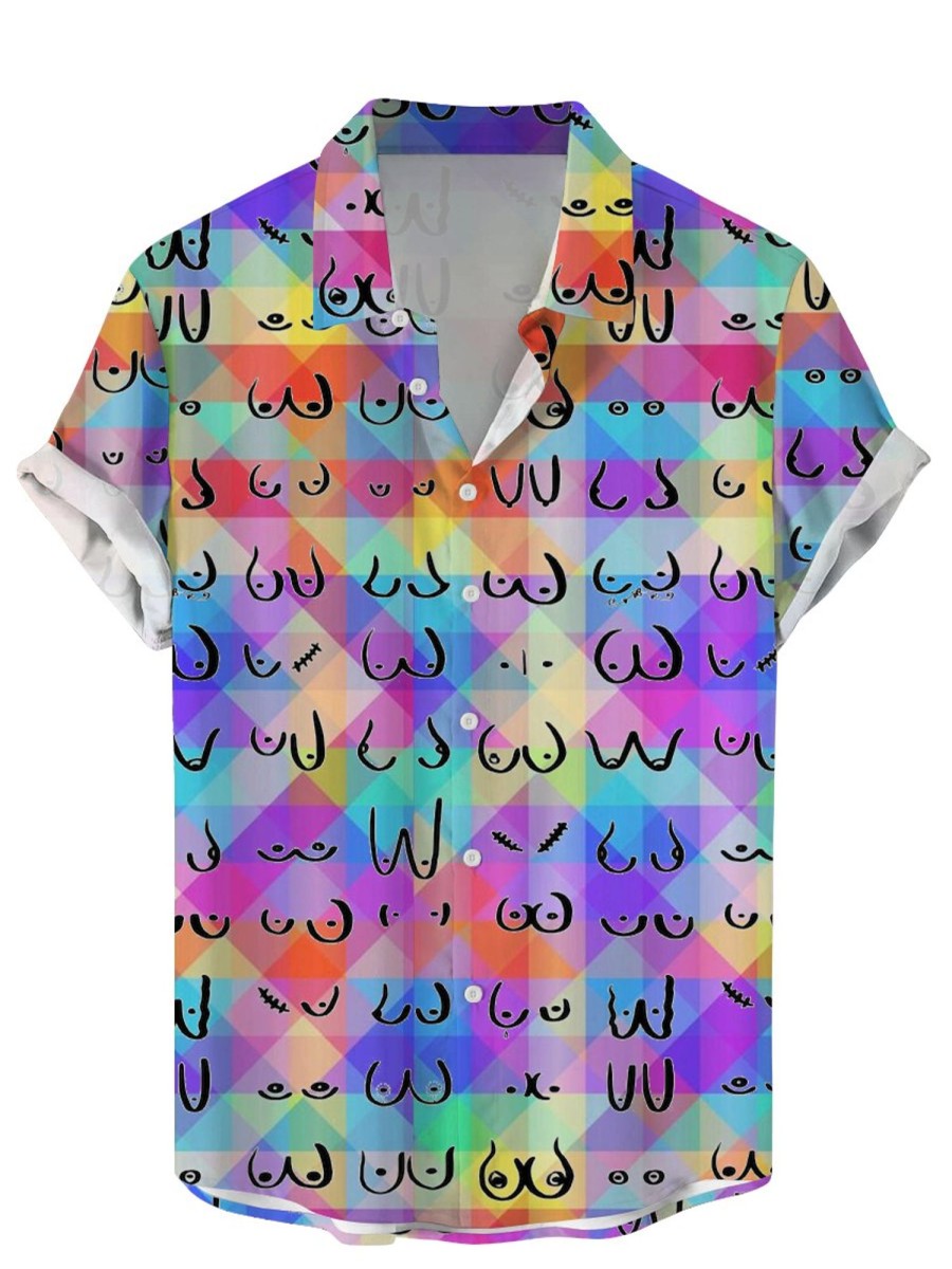 Men GYJ Shirts | Ladies Chest Colorful Print Casual Short Sleeve Shirt Photo Color