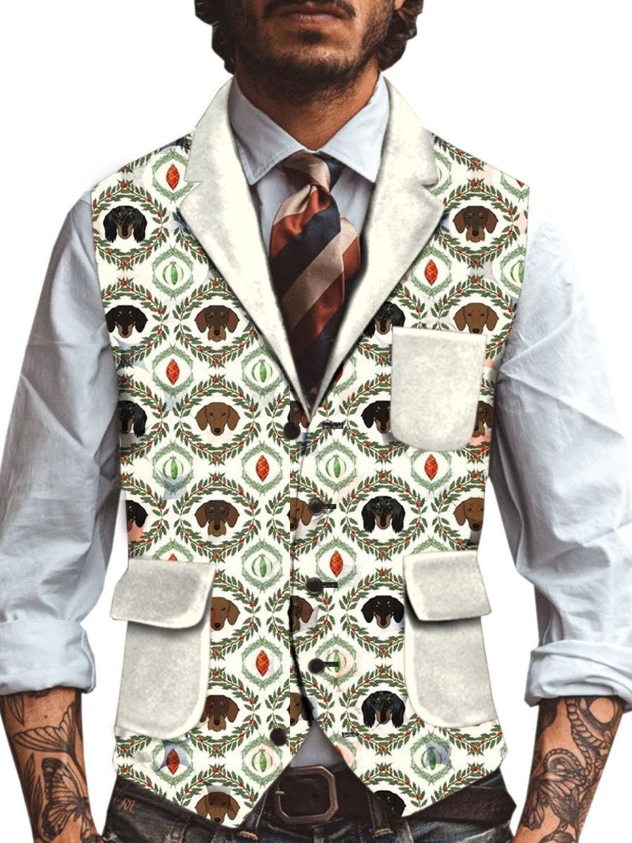 Men TH Vest | Retro Dog Print Three-Pocket Lapel Casual Vest Photo Color