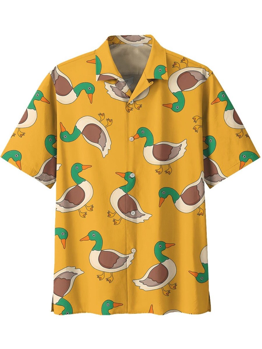 Men DJ Shirts | Vintage Duck Print Hawaiian Short Sleeve Shirt Yellow