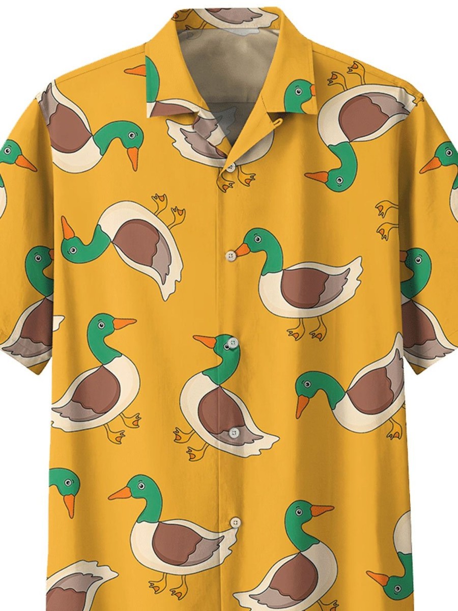 Men DJ Shirts | Vintage Duck Print Hawaiian Short Sleeve Shirt Yellow