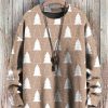 Men DJ Print Sweater | Christmas Tree Print Casual Crew Neck Pullover Sweater Khaki