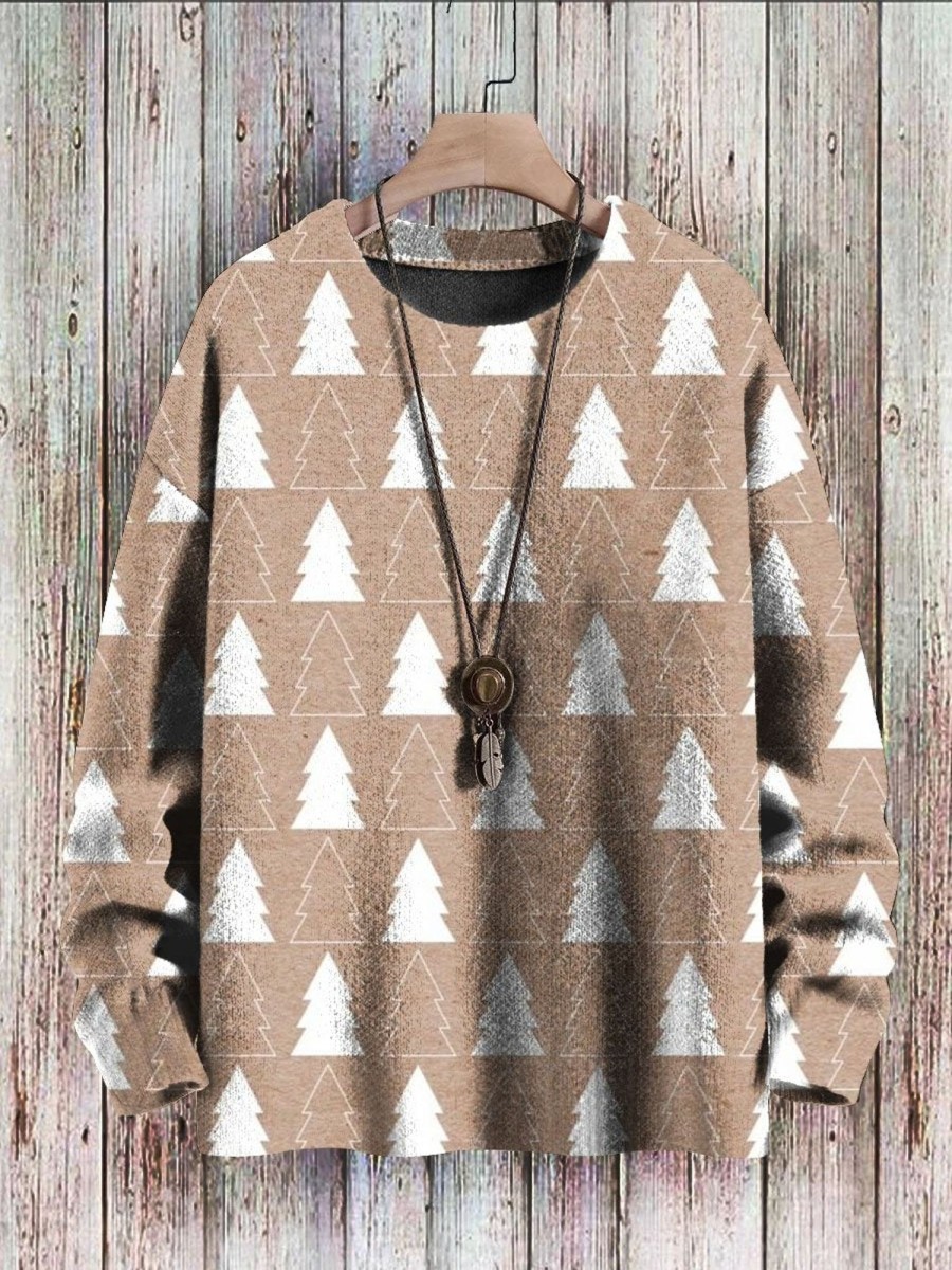 Men DJ Print Sweater | Christmas Tree Print Casual Crew Neck Pullover Sweater Khaki