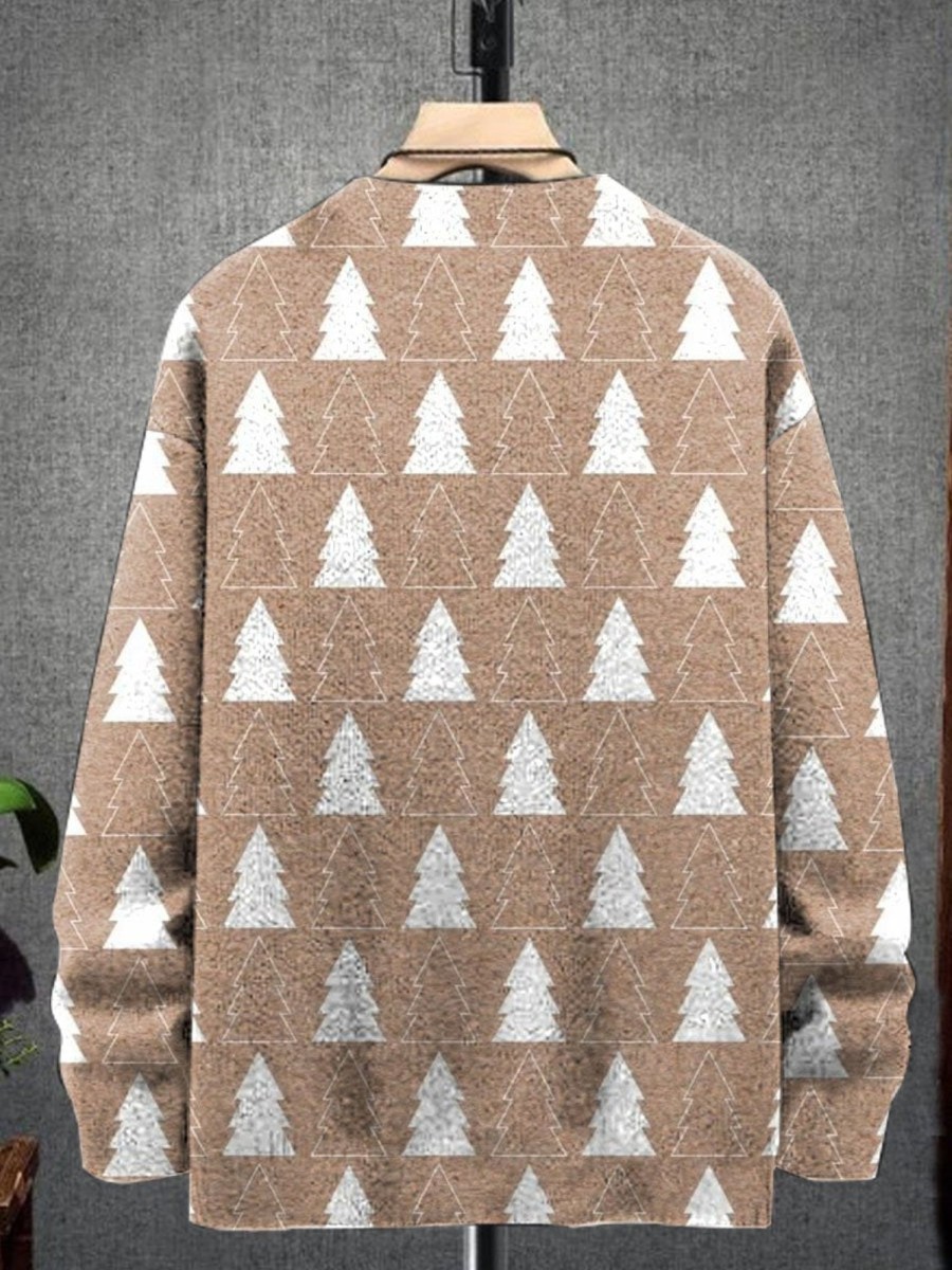 Men DJ Print Sweater | Christmas Tree Print Casual Crew Neck Pullover Sweater Khaki