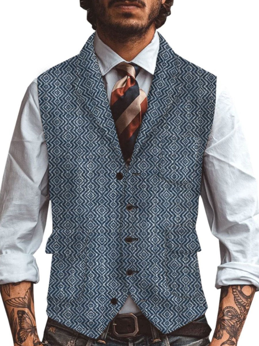 Men DJ Vest | Retro Versatile Geometric Print Lapel Three-Pocket Casual Vest Navy Blue