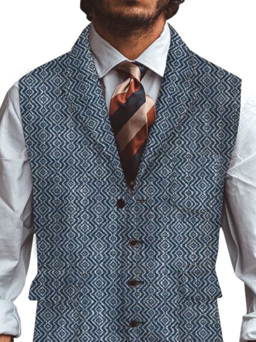 Men DJ Vest | Retro Versatile Geometric Print Lapel Three-Pocket Casual Vest Navy Blue