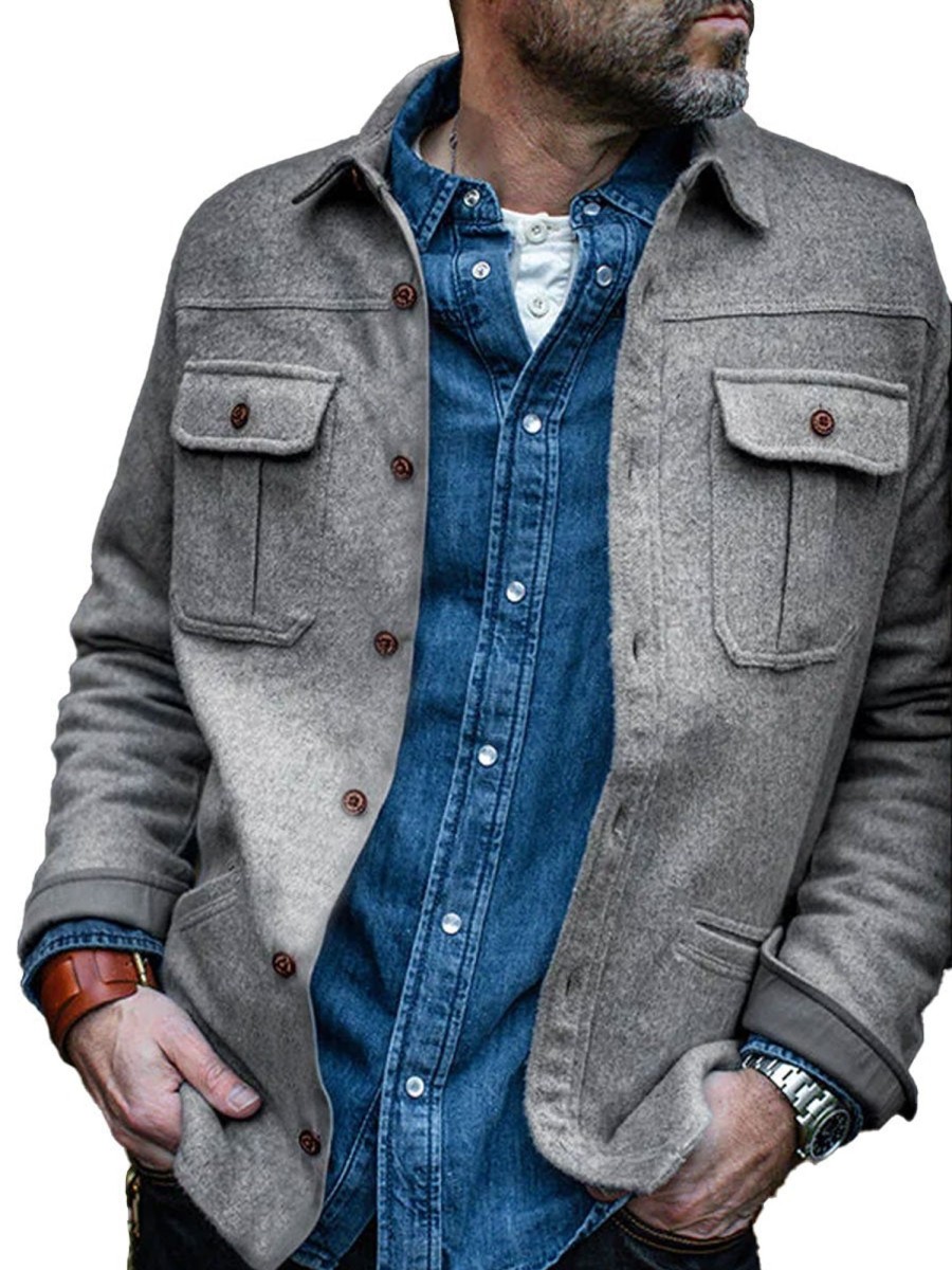 Men BXL Jacket | Retro Multi-Pocket Solid Color Woolen Shirt Style Casual Jacket Gray