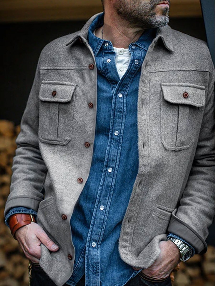 Men BXL Jacket | Retro Multi-Pocket Solid Color Woolen Shirt Style Casual Jacket Gray