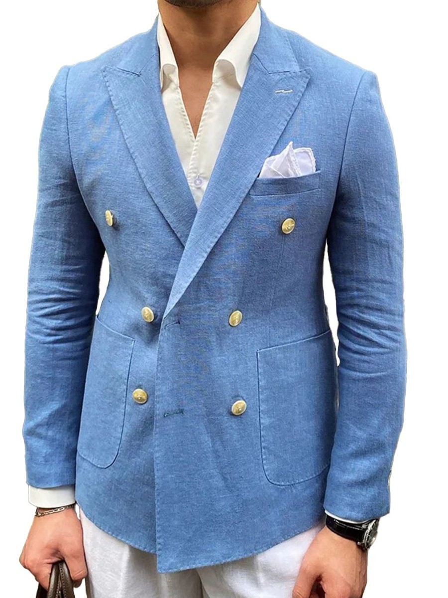 Men QMY Jacket | Men'S Casual Double Breasted Business Daily Blazer Blue