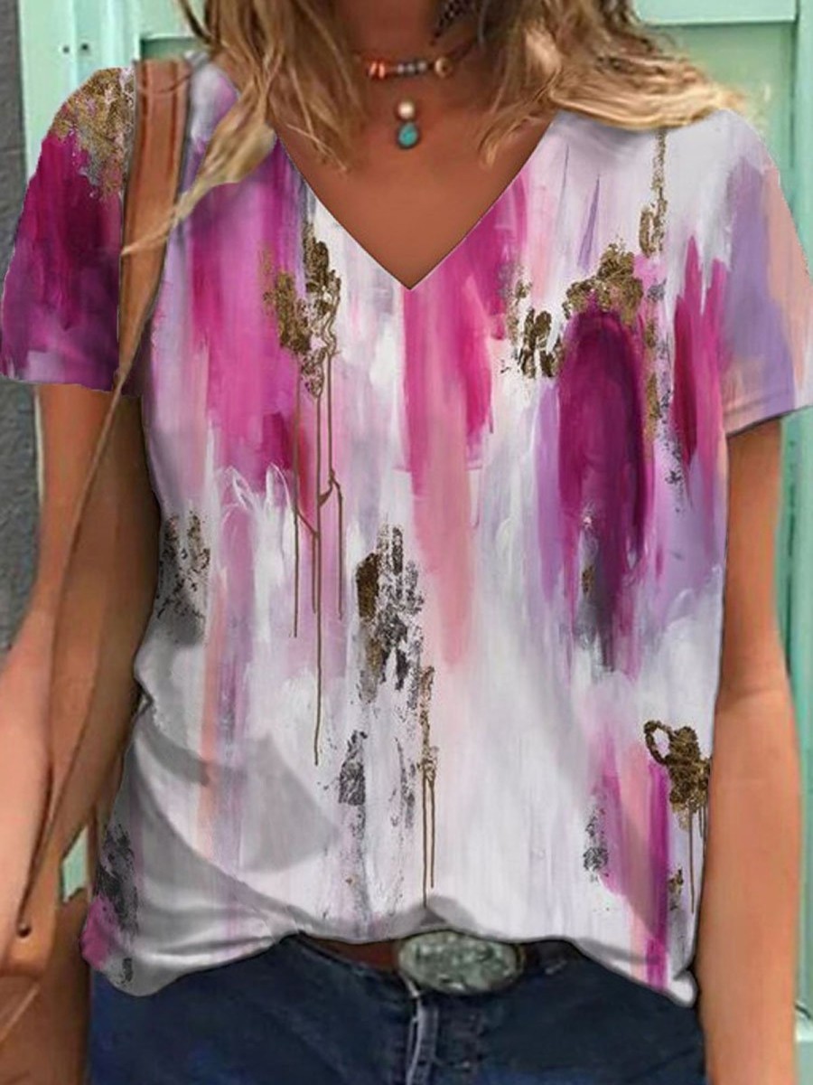 Women DJ | V-Neck Art Print Casual Short Sleeve T-Shirt Photo Color