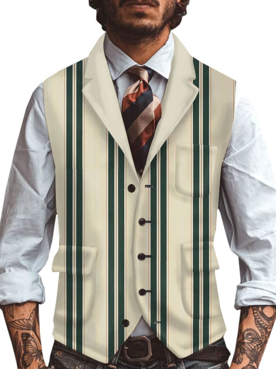 Men TH Vest | Retro White And Green Lines Three-Pocket Lapel Casual Suit Vest Khaki