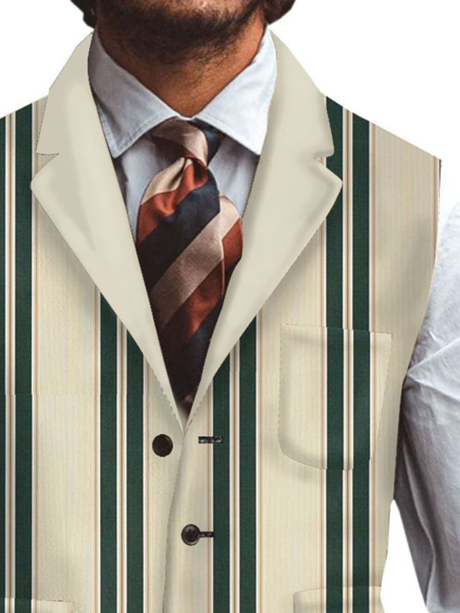 Men TH Vest | Retro White And Green Lines Three-Pocket Lapel Casual Suit Vest Khaki