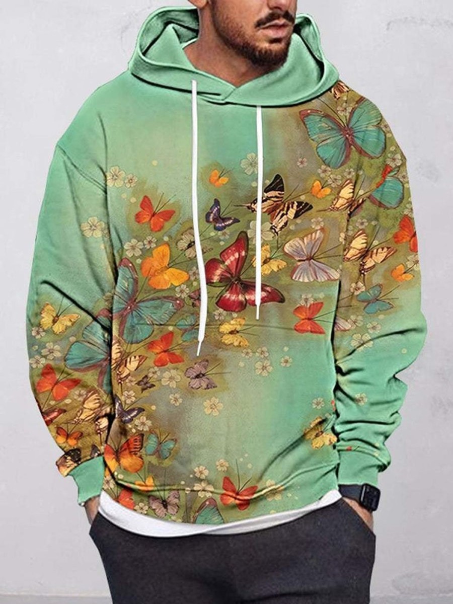 Men DJ T-Shirts | Men'S Butterfly Hooded Sweatshirt Green