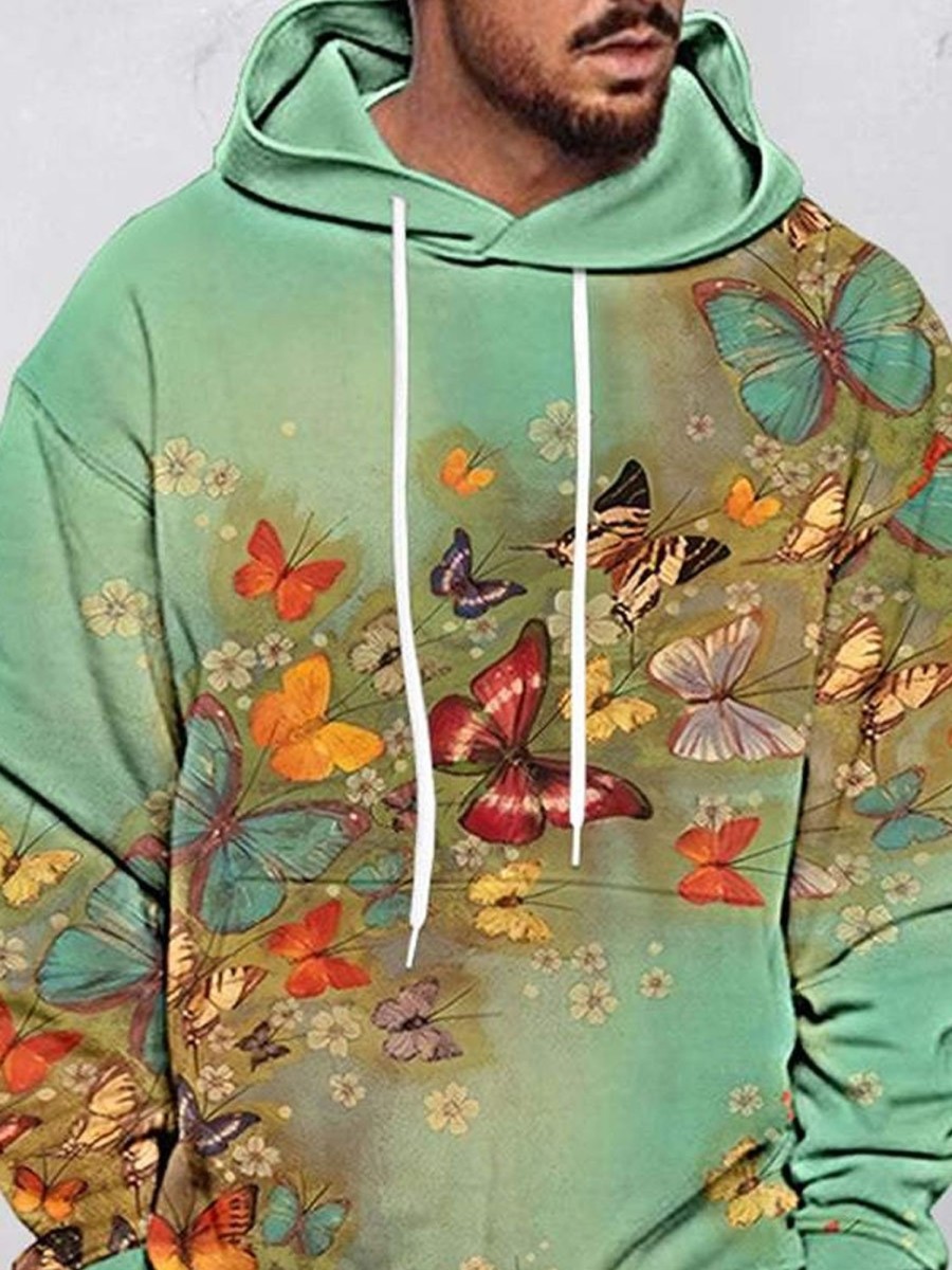 Men DJ T-Shirts | Men'S Butterfly Hooded Sweatshirt Green